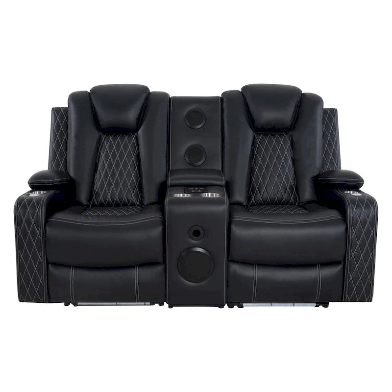 Loveseat de cine en casa de cuero sintético premium con luces LED, sillón reclinable con altavoces integrados y carga inalámbrica