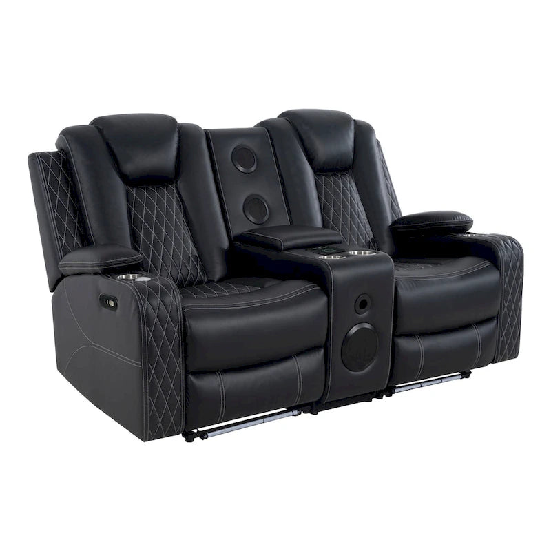 Loveseat de cine en casa de cuero sintético premium con luces LED, sillón reclinable con altavoces integrados y carga inalámbrica