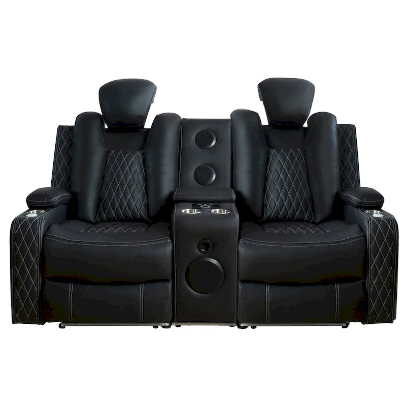 Loveseat de cine en casa de cuero sintético premium con luces LED, sillón reclinable con altavoces integrados y carga inalámbrica