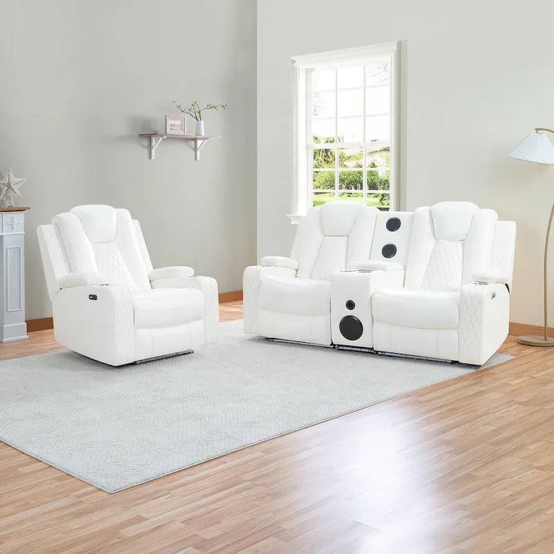 Loveseat de cine en casa de cuero sintético premium con luces LED, sillón reclinable con altavoces integrados y carga inalámbrica