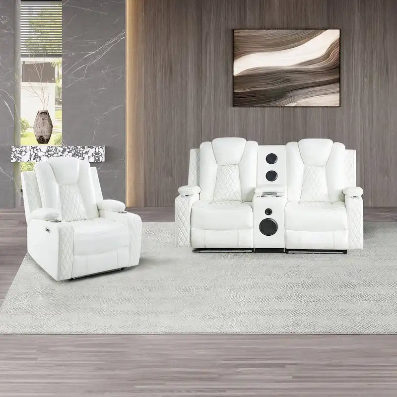 Loveseat de cine en casa de cuero sintético premium con luces LED, sillón reclinable con altavoces integrados y carga inalámbrica