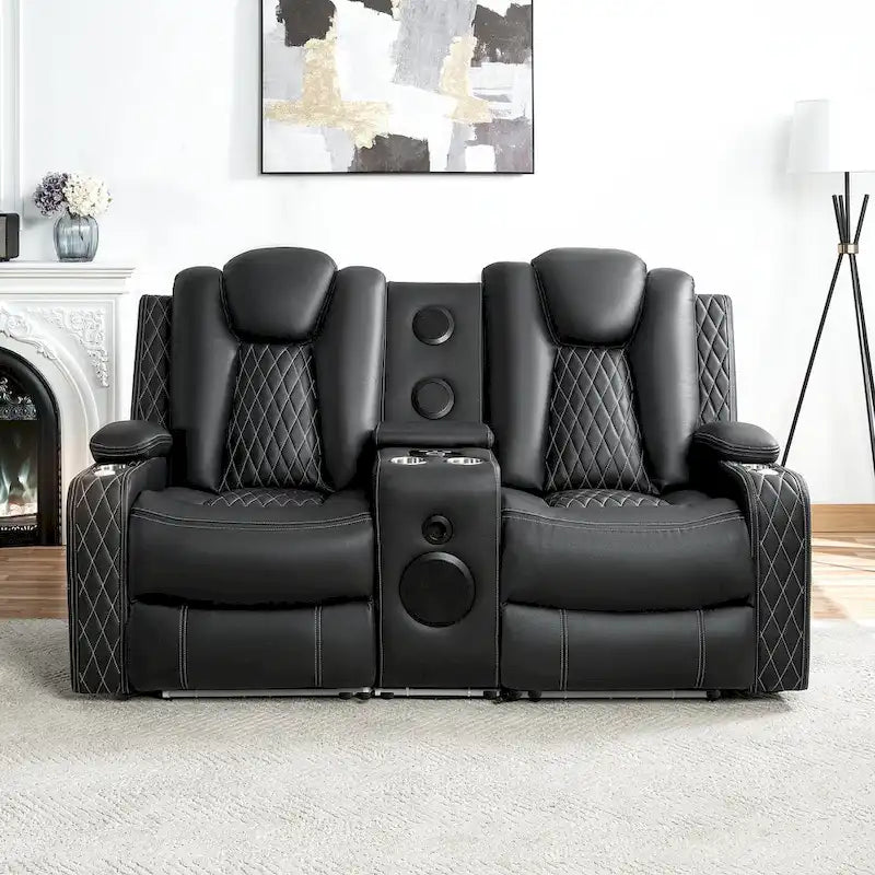 Loveseat de cine en casa de cuero sintético premium con luces LED, sillón reclinable con altavoces integrados y carga inalámbrica