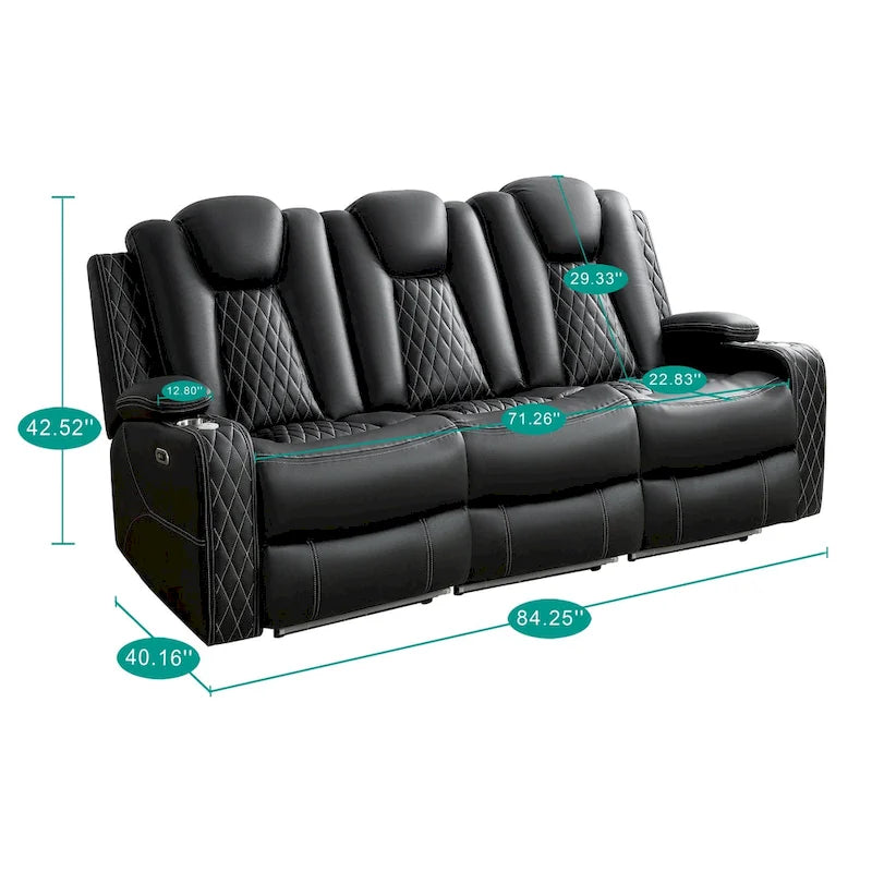 Loveseat de cine en casa de cuero sintético premium con luces LED, sillón reclinable con altavoces integrados y carga inalámbrica