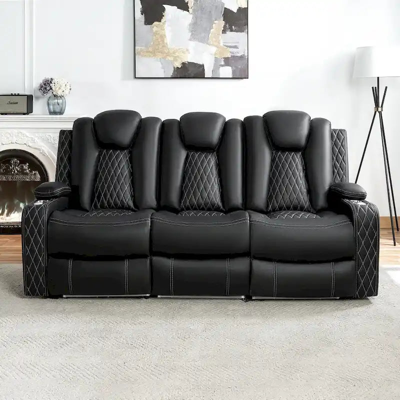 Loveseat de cine en casa de cuero sintético premium con luces LED, sillón reclinable con altavoces integrados y carga inalámbrica
