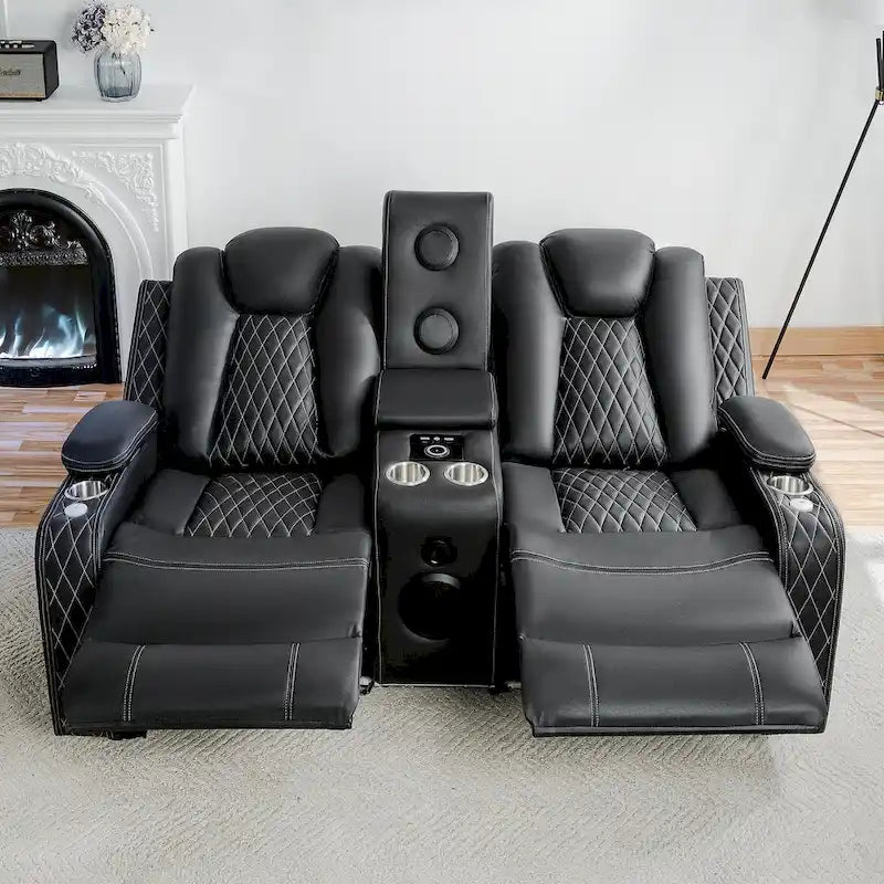 Loveseat de cine en casa de cuero sintético premium con luces LED, sillón reclinable con altavoces integrados y carga inalámbrica
