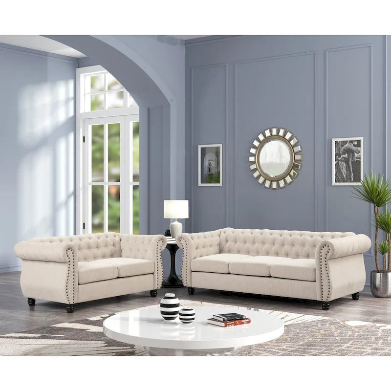 Ensemble de meubles Morden Fort composé d’une causeuse et d’un canapé, capitonné et rembourré, style Chesterfield