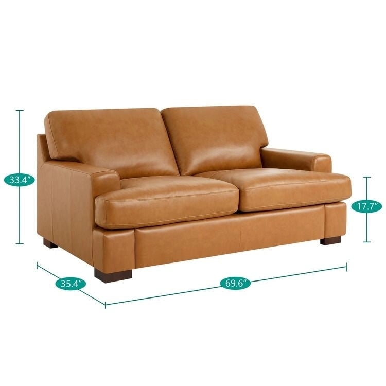 Dwuosobowa sofa z prawdziwej skóry, kwadratowymi podłokietnikami i solidnymi nogami blokowymi – luksusowy komfort, poduszka z gęsiego pierza