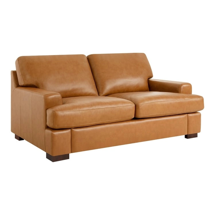 Dwuosobowa sofa z prawdziwej skóry, kwadratowymi podłokietnikami i solidnymi nogami blokowymi – luksusowy komfort, poduszka z gęsiego pierza
