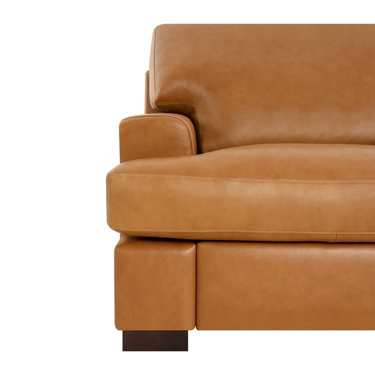 Dwuosobowa sofa z prawdziwej skóry, kwadratowymi podłokietnikami i solidnymi nogami blokowymi – luksusowy komfort, poduszka z gęsiego pierza