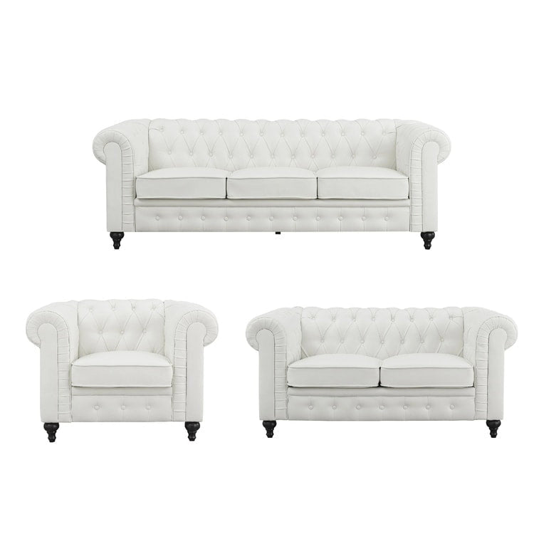 3-delige Chesterfield-hoekbankset voor de woonkamer met afgeronde armleuningen en gecapitonneerde kussens, bank en loveseat