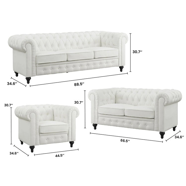 3-delige Chesterfield-hoekbankset voor de woonkamer met afgeronde armleuningen en gecapitonneerde kussens, bank en loveseat