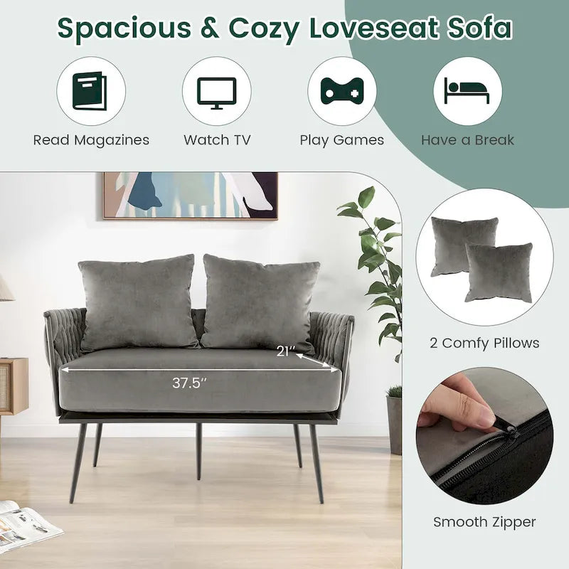 Costway Modern Loveseat Sofa Upholstered Dutch Velvet Couch with Woven - See Details