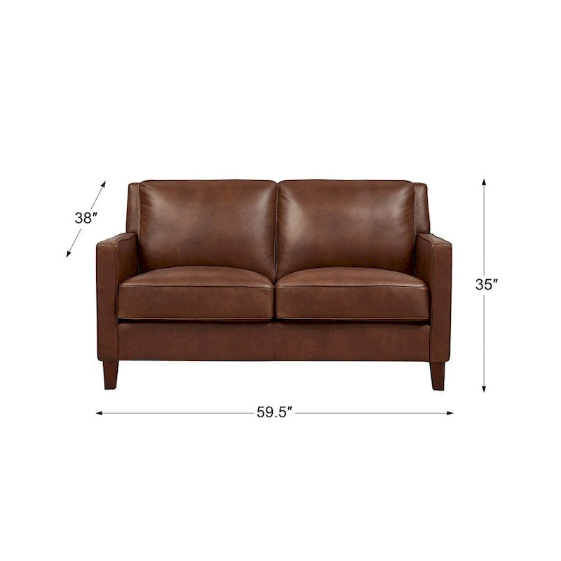 Dwuosobowa sofa Hydeline Ashby z wysokogatunkowej skóry licowej, z pierzem, pianką z pamięcią kształtu i sprężynami