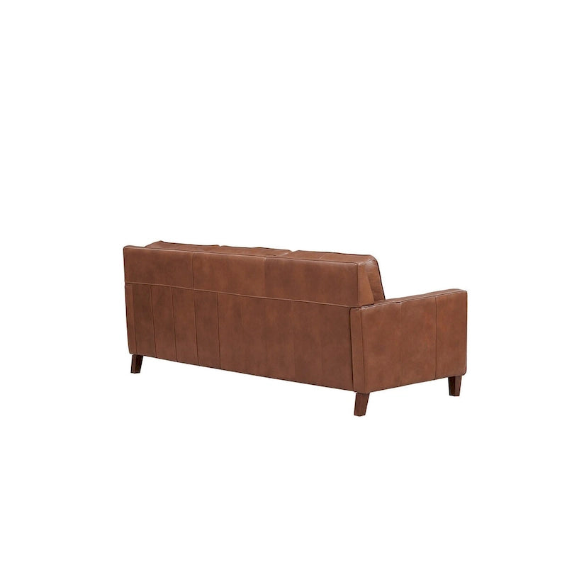 Dwuosobowa sofa Hydeline Ashby z wysokogatunkowej skóry licowej, z pierzem, pianką z pamięcią kształtu i sprężynami