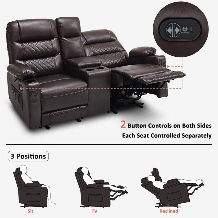 Fauteuil inclinable électrique deux places MCombo avec console, canapé inclinable électrique avec chauffage et vibration, ports USB et porte-gobelets PR624
