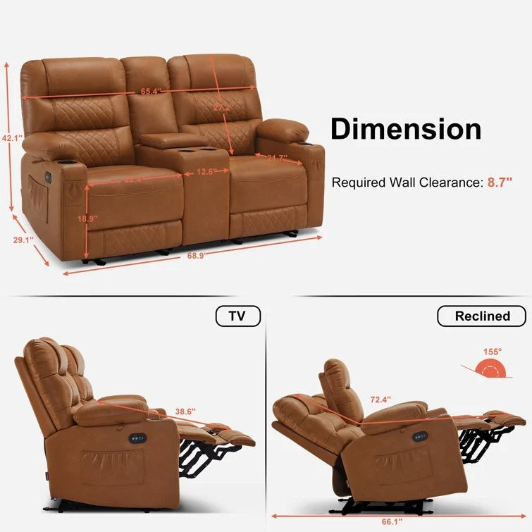 Fauteuil inclinable électrique deux places MCombo avec console, canapé inclinable électrique avec chauffage et vibration, ports USB et porte-gobelets PR624