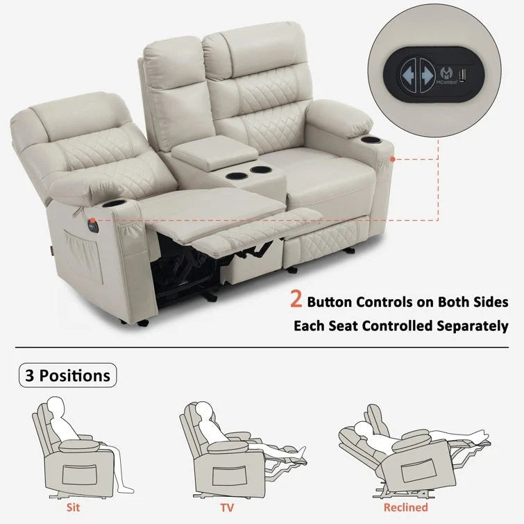 Fauteuil inclinable électrique deux places MCombo avec console, canapé inclinable électrique avec chauffage et vibration, ports USB et porte-gobelets PR624
