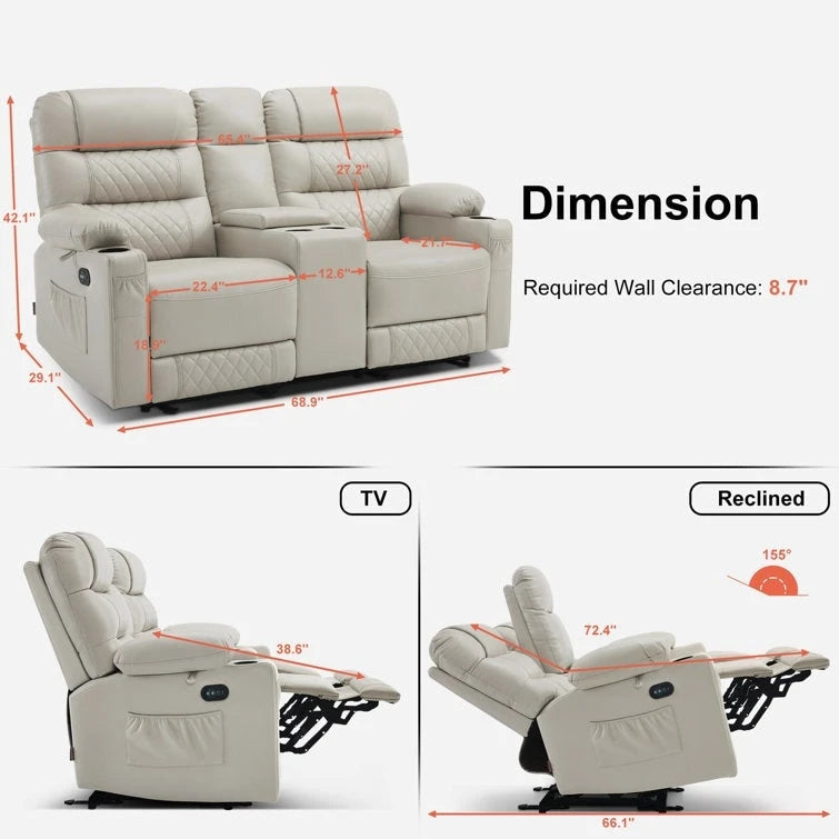 Fauteuil inclinable électrique deux places MCombo avec console, canapé inclinable électrique avec chauffage et vibration, ports USB et porte-gobelets PR624