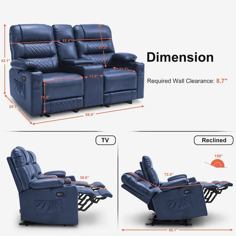 Fauteuil inclinable électrique deux places MCombo avec console, canapé inclinable électrique avec chauffage et vibration, ports USB et porte-gobelets PR624