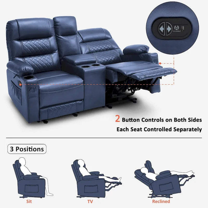 Fauteuil inclinable électrique deux places MCombo avec console, canapé inclinable électrique avec chauffage et vibration, ports USB et porte-gobelets PR624