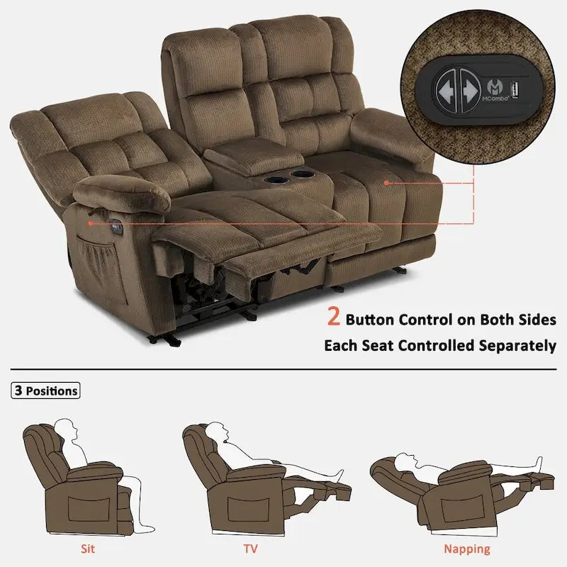 MCombo elektrischer Zweisitzer-Sessel mit Konsole, Vibration und Wärme, USB-Ladeanschlüssen, RS6234