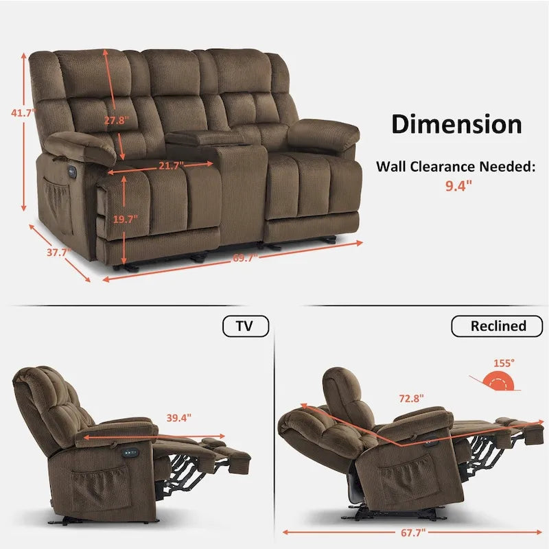 MCombo elektrischer Zweisitzer-Sessel mit Konsole, Vibration und Wärme, USB-Ladeanschlüssen, RS6234