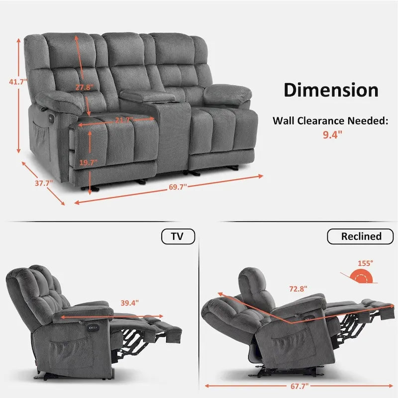 MCombo elektrischer Zweisitzer-Sessel mit Konsole, Vibration und Wärme, USB-Ladeanschlüssen, RS6234