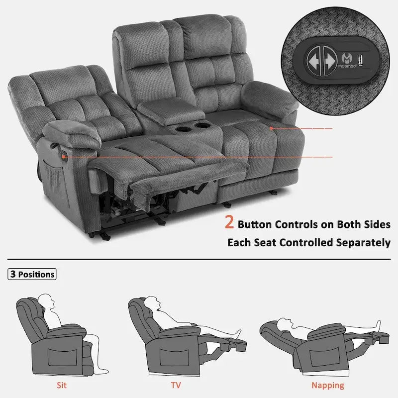 MCombo elektrischer Zweisitzer-Sessel mit Konsole, Vibration und Wärme, USB-Ladeanschlüssen, RS6234