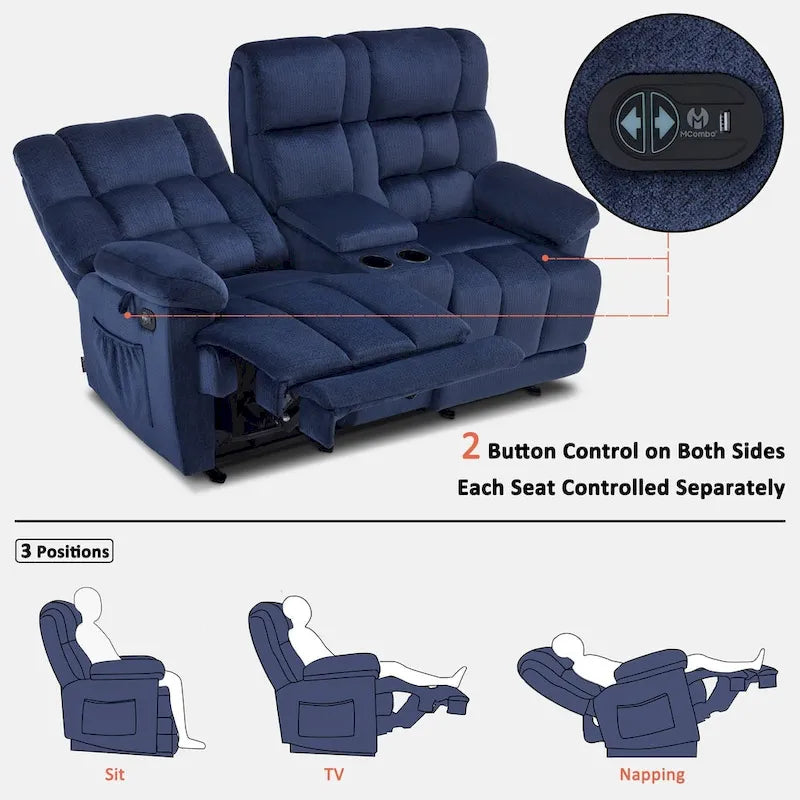 MCombo elektrischer Zweisitzer-Sessel mit Konsole, Vibration und Wärme, USB-Ladeanschlüssen, RS6234