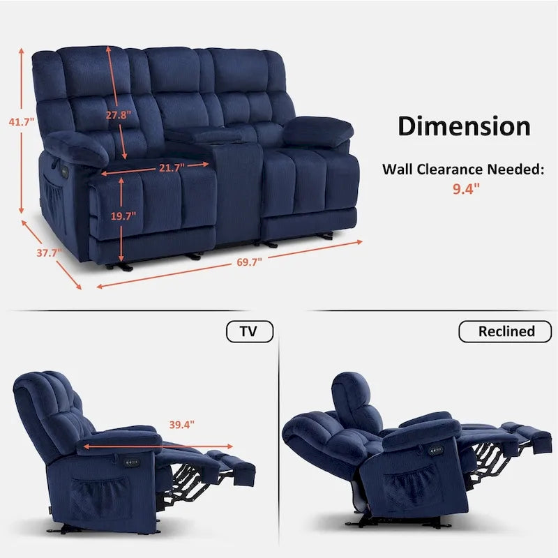 MCombo elektrischer Zweisitzer-Sessel mit Konsole, Vibration und Wärme, USB-Ladeanschlüssen, RS6234