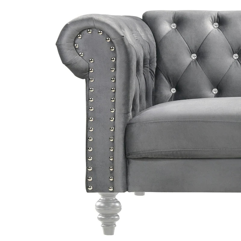 Aksamitna sofa loveseat Ben o szerokości 62 cali z pikowanym kryształkami oparciem, szara