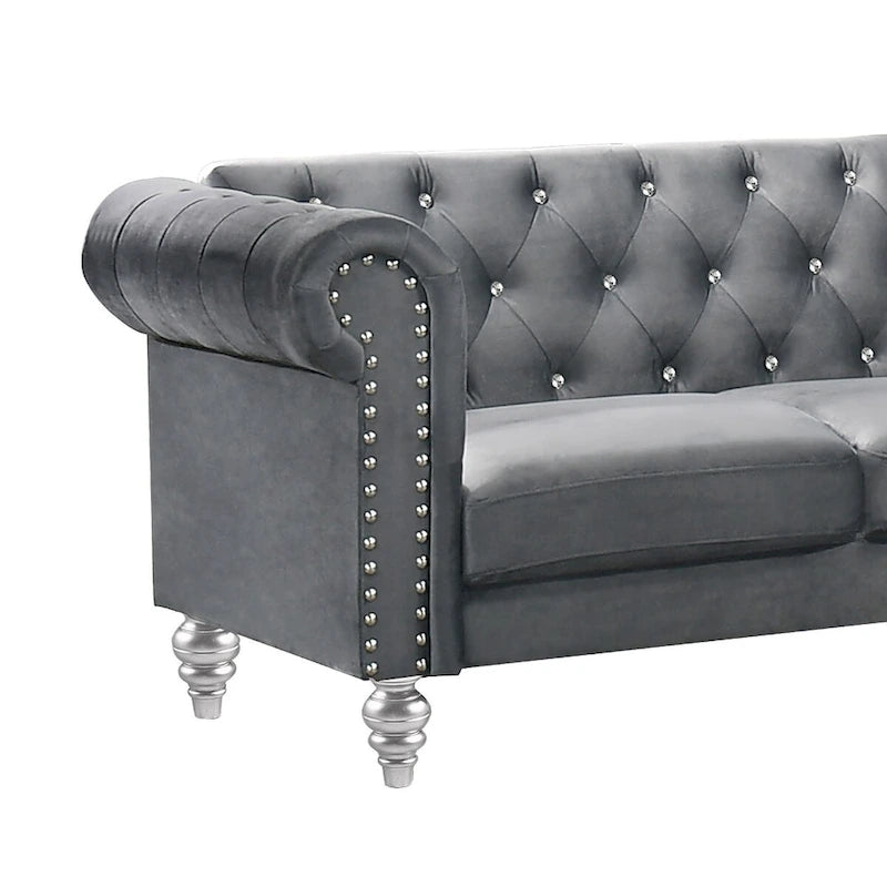 Aksamitna sofa loveseat Ben o szerokości 62 cali z pikowanym kryształkami oparciem, szara