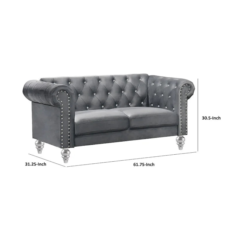 Aksamitna sofa loveseat Ben o szerokości 62 cali z pikowanym kryształkami oparciem, szara