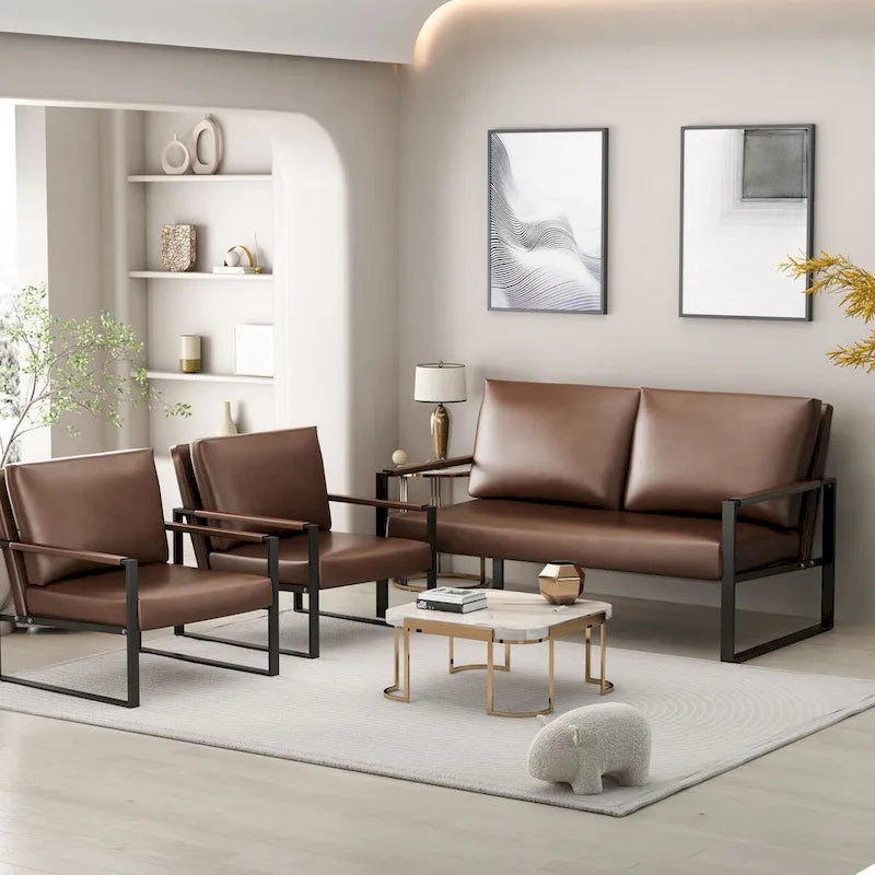 Mieres Mid-Century Style 3-Piece PU Leather Living Room Sofa Set Including 2 Armchairs and 1 Loveseat Sofa
