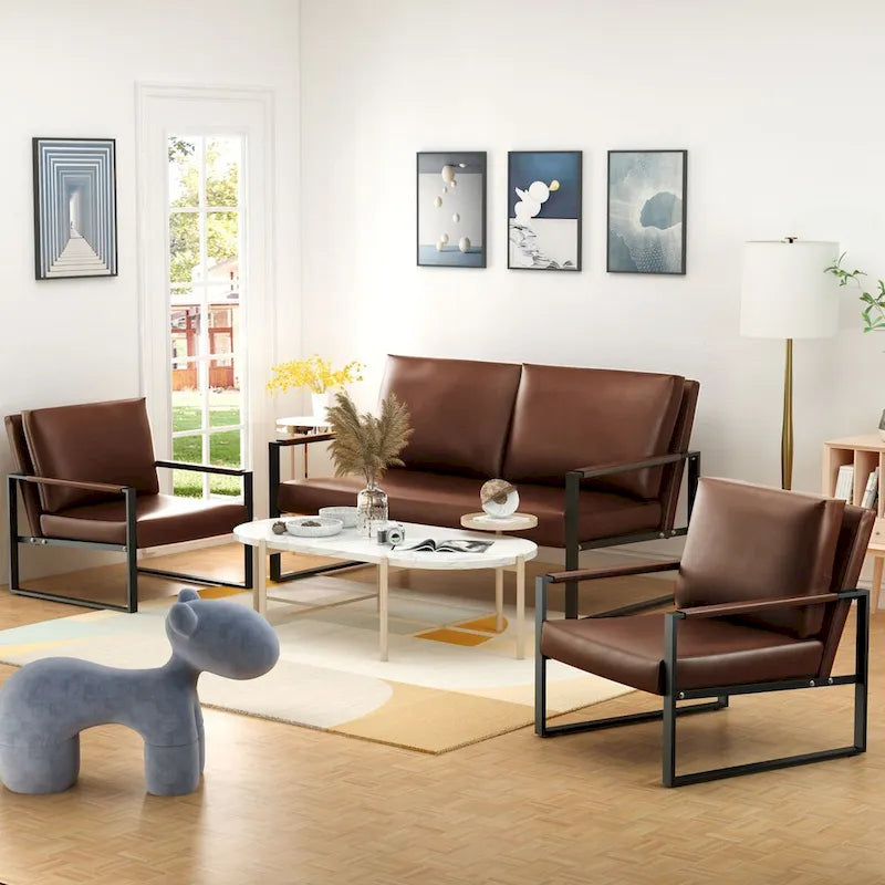 Mieres 3-teiliges Wohnzimmer-Sofa-Set aus PU-Leder im Mid-Century-Stil, bestehend aus 2 Sesseln und 1 Zweisitzer-Sofa