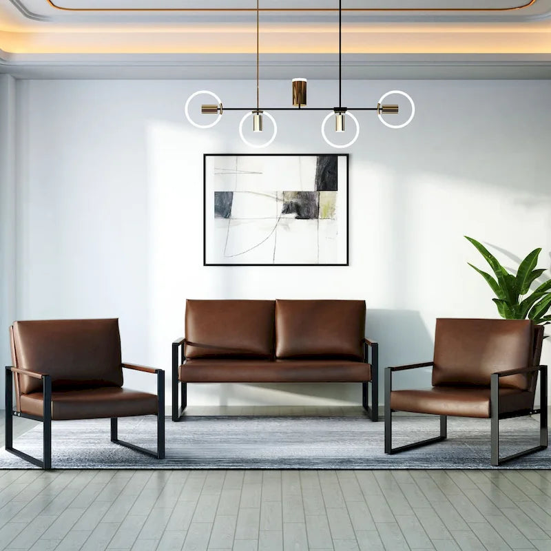 Mieres 3-teiliges Wohnzimmer-Sofa-Set aus PU-Leder im Mid-Century-Stil, bestehend aus 2 Sesseln und 1 Zweisitzer-Sofa