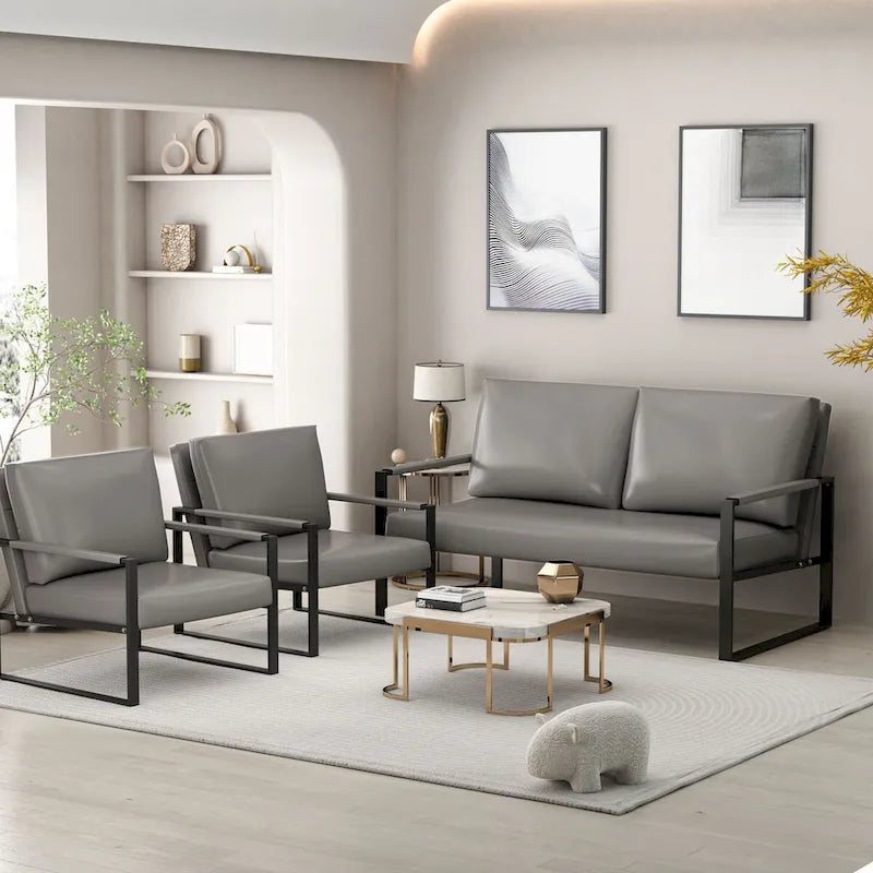Mieres 3-teiliges Wohnzimmer-Sofa-Set aus PU-Leder im Mid-Century-Stil, bestehend aus 2 Sesseln und 1 Zweisitzer-Sofa