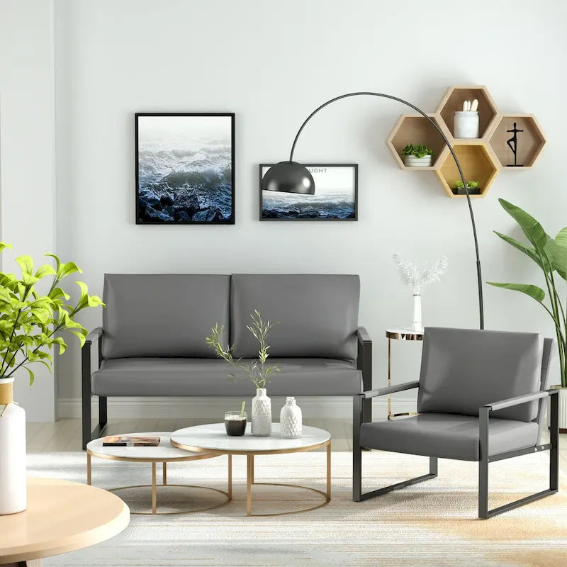 Mieres 3-teiliges Wohnzimmer-Sofa-Set aus PU-Leder im Mid-Century-Stil, bestehend aus 2 Sesseln und 1 Zweisitzer-Sofa