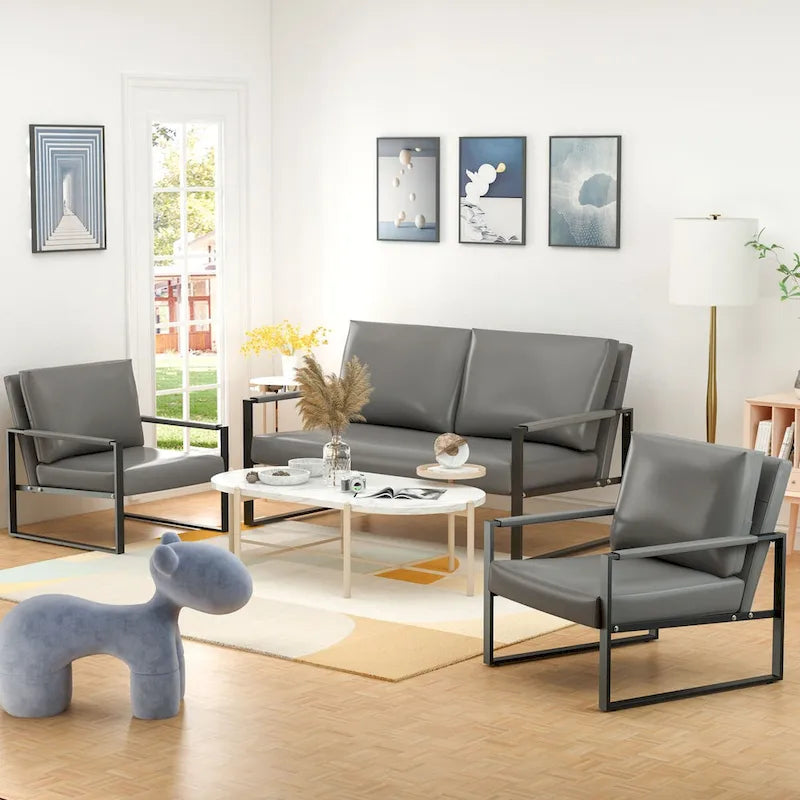 Mieres 3-teiliges Wohnzimmer-Sofa-Set aus PU-Leder im Mid-Century-Stil, bestehend aus 2 Sesseln und 1 Zweisitzer-Sofa