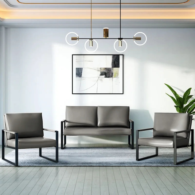 Mieres 3-teiliges Wohnzimmer-Sofa-Set aus PU-Leder im Mid-Century-Stil, bestehend aus 2 Sesseln und 1 Zweisitzer-Sofa