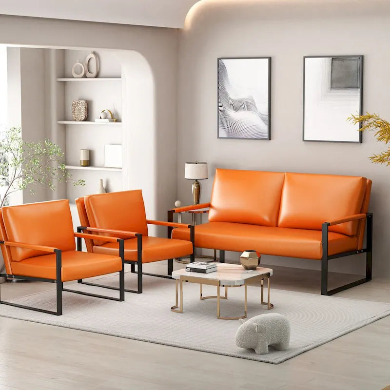 Mieres 3-teiliges Wohnzimmer-Sofa-Set aus PU-Leder im Mid-Century-Stil, bestehend aus 2 Sesseln und 1 Zweisitzer-Sofa