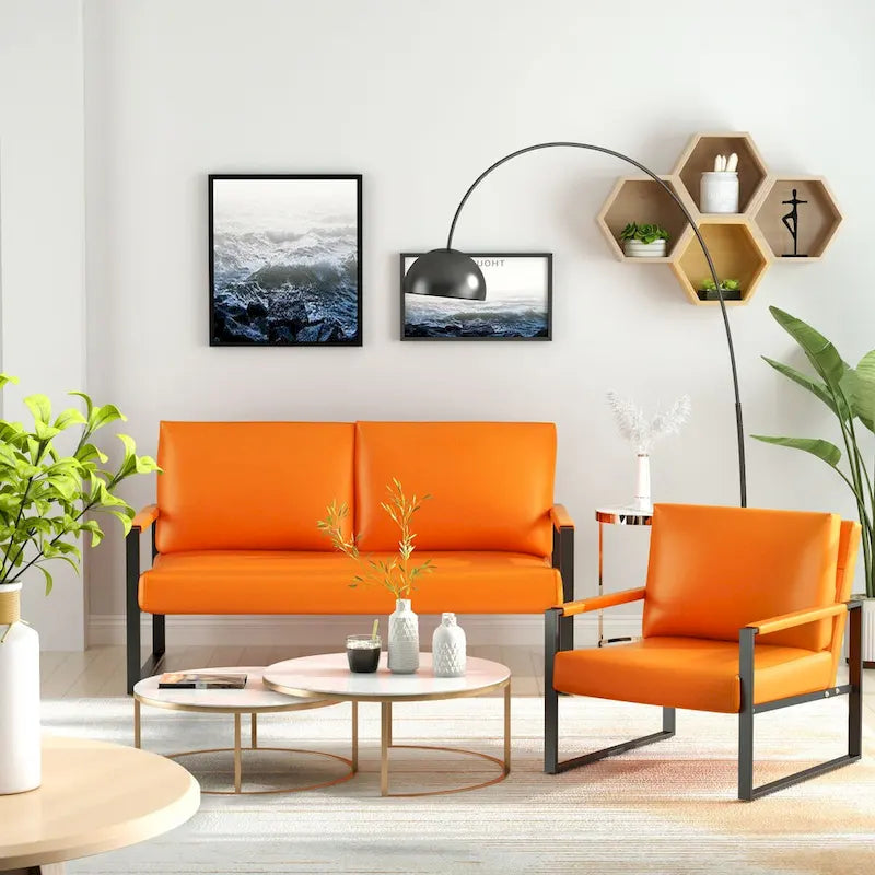 Mieres 3-teiliges Wohnzimmer-Sofa-Set aus PU-Leder im Mid-Century-Stil, bestehend aus 2 Sesseln und 1 Zweisitzer-Sofa