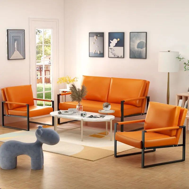 Mieres 3-teiliges Wohnzimmer-Sofa-Set aus PU-Leder im Mid-Century-Stil, bestehend aus 2 Sesseln und 1 Zweisitzer-Sofa