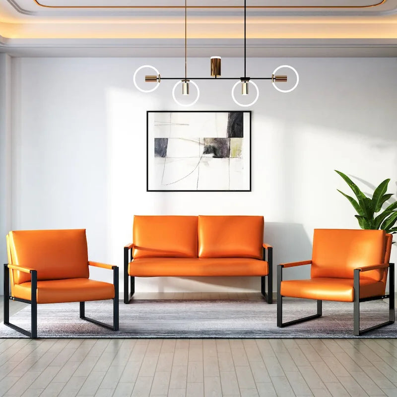 Mieres 3-teiliges Wohnzimmer-Sofa-Set aus PU-Leder im Mid-Century-Stil, bestehend aus 2 Sesseln und 1 Zweisitzer-Sofa