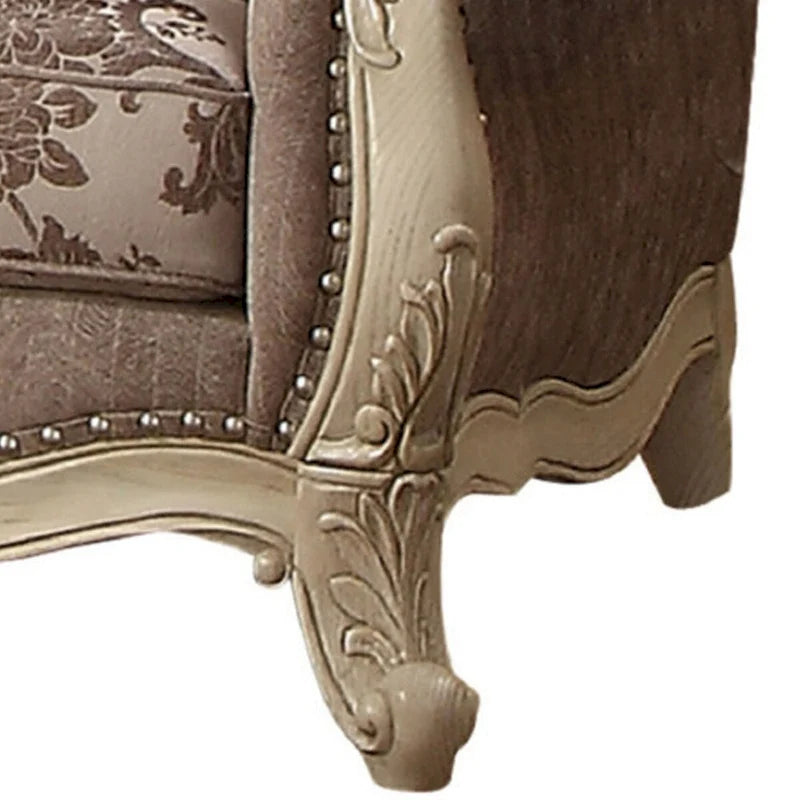 Causeuse en tissu avec couronne à volutes et pieds cabriole, grise et blanche