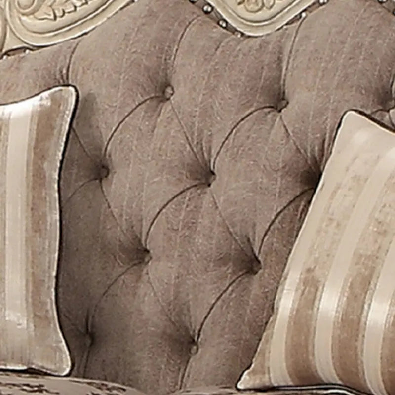 Causeuse en tissu avec couronne à volutes et pieds cabriole, grise et blanche