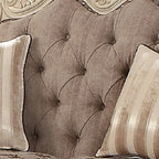 Causeuse en tissu avec couronne à volutes et pieds cabriole, grise et blanche