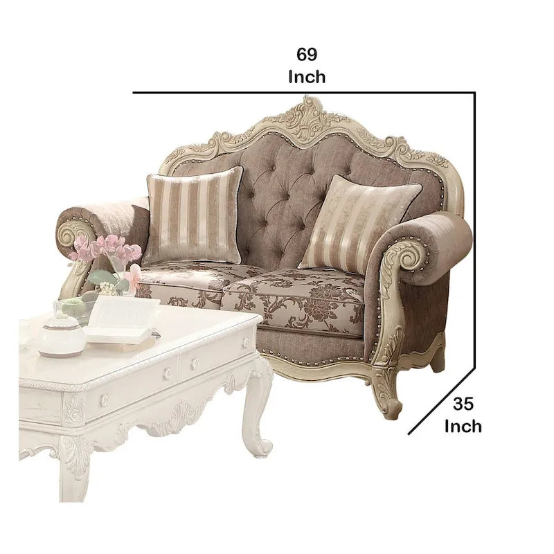 Causeuse en tissu avec couronne à volutes et pieds cabriole, grise et blanche