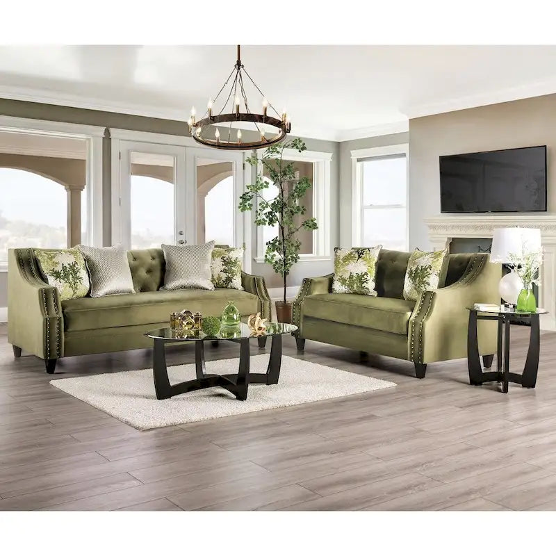Olie eigentijdse groene gewatteerde 2-zitsbank van massief hout van Furniture of America