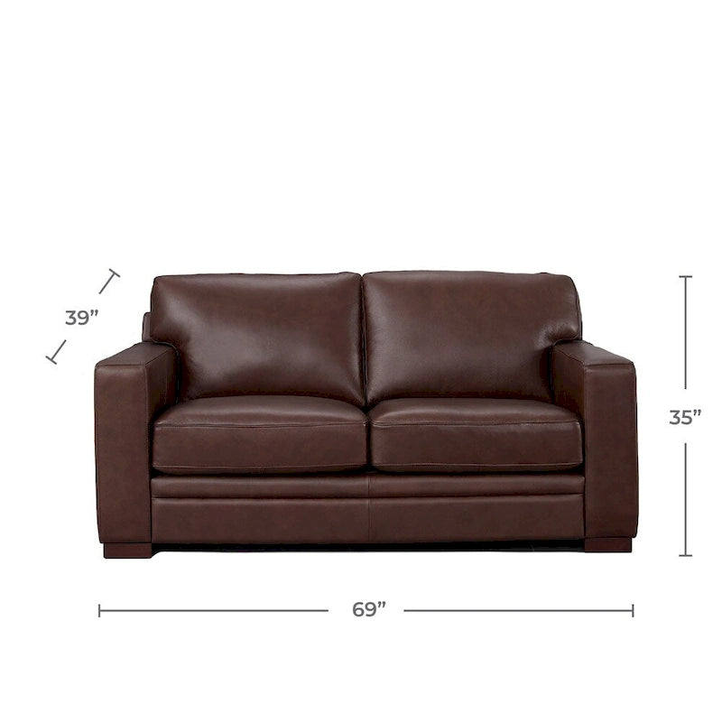 Hydeline Dillon Top Grain Leather Loveseat With Feather, Memory Foam and Springs